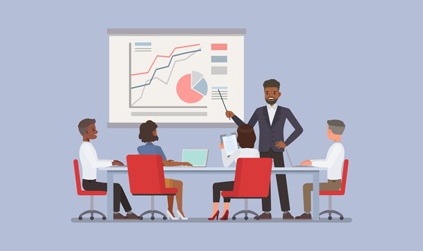 商人在会议室的大屏幕上展示项目。他站在前面，面向一群客户。角色矢量插图设计。项目展示概念。图片下载