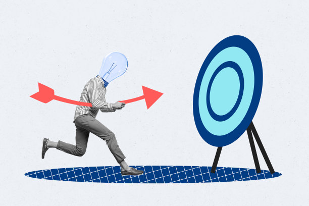 趋势艺术作品，交易员商业统计的照片拼贴，头部缺失的人力资源男性，奔向箭头目标，旨在实现创意灯泡。图片下载