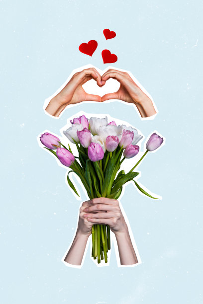 垂直照片拼贴，手握郁金香花束，国际妇女节浪漫礼物，心形爱意，背景为涂鸦风格。图片下载
