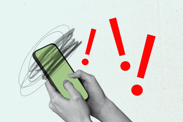 趋势艺术作品草图图像合成3D照片拼贴，带有空白空间的警示注意符号，感叹号信号，手持智能手机进行博客写作图片下载