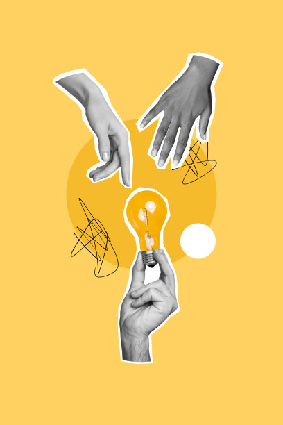 垂直照片拼贴，展示人们的手握着灯泡，象征创意、工作发展、合作策略，背景为涂鸦风格。图片下载