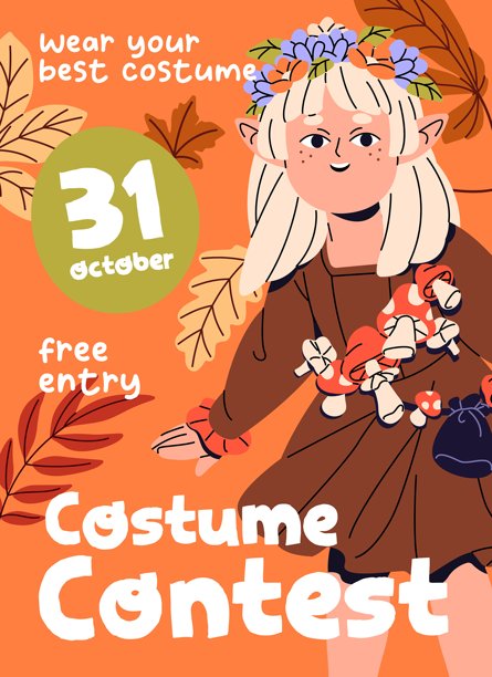 儿童万圣节派对活动海报设计。化妆舞会服装比赛的广告模板。带有穿着仙女万圣节服装的小孩的化妆舞会促销布局。平面矢量插图。图片下载
