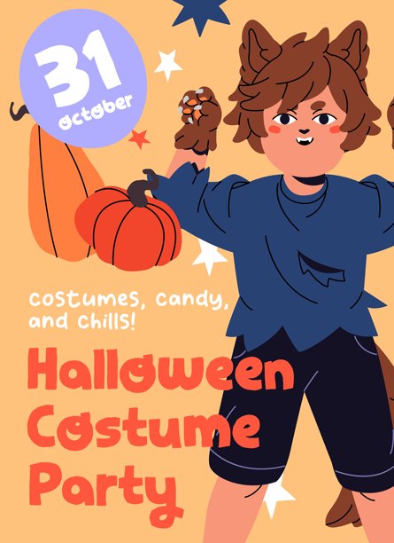 万圣节派对的活动海报设计，包含服装比赛。儿童万圣节嘉年华的推广模板。带有穿着狼装的小孩的化妆舞会广告布局。平面矢量插图。图片下载