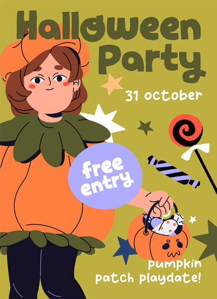 万圣节派对活动海报设计，恶作剧或糖果。儿童化妆舞会和万圣节嘉年华的推广。模板中有一个穿着南瓜服装的孩子手持糖果桶。扁平矢量插图。图片下载