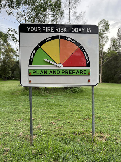 照片显示了一个火灾风险警告标志，指示器设置为绿色“计划和准备”。图片下载