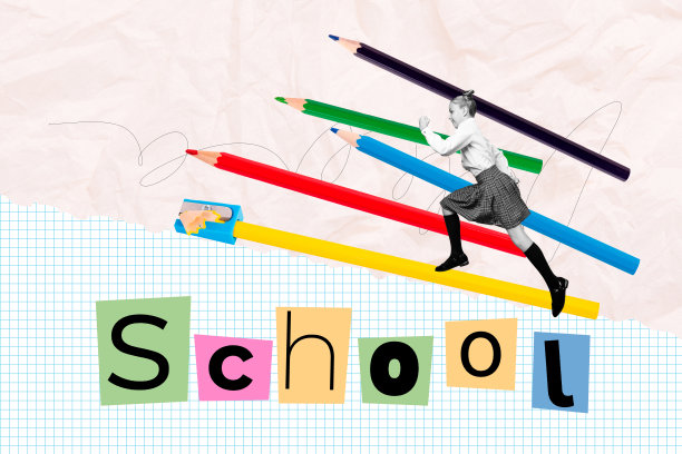 可爱的金发女孩在彩色铅笔削笔器艺术课上学习，合成照片拼贴，背景为涂鸦风格。图片下载