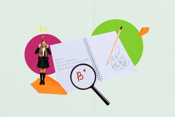 惊讶的女孩手持眼镜，收到好成绩的代数作业公式拼贴照片，背景为涂鸦风格。图片下载