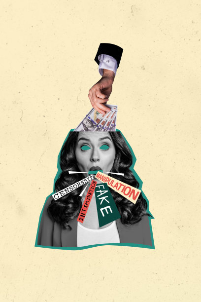 垂直照片拼贴，僵尸女孩的头被切下，手中拿着钱，进行支付操控，传播虚假宣传，背景为涂鸦风格。图片下载