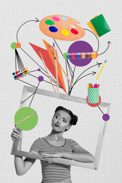 木框内的思考女孩艺术家垂直照片拼贴，画家用品调色板、画笔，爱好，孤立在涂鸦背景上。图片下载