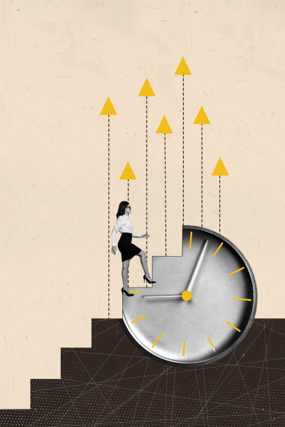 复合趋势艺术作品 3D 图像照片拼贴，展示交易员、商业财富女性、办公室经理、攀爬梯子、职业晋升、时钟与时间。图片下载