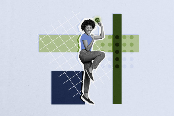 快乐的美国女孩的拼贴照片，展示了灯泡商业创意概念、解决方案开发和成功，背景为涂鸦风格。图片下载