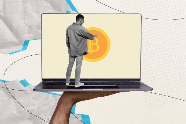 美国男孩微笑的合成照片拼贴，背对着MacBook，象征比特币的收入，展示自由职业工作和NFT，背景为涂鸦风格。图片下载