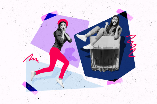 兴奋的女孩们在涂鸦背景下庆祝周末聚会，手持干邑酒杯，享受派对时光的拼贴照片。图片下载