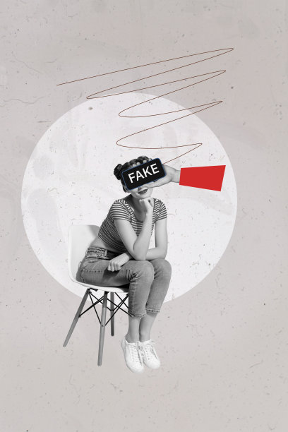趋势艺术合成图像 3D 照片拼贴，假新闻突发信息，众多谎言，年轻女士坐在椅子上手持智能手机。图片下载