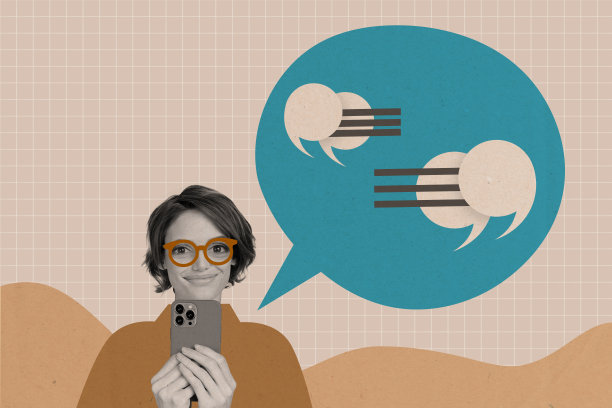 趋势艺术作品合成照片拼贴，包含对话气泡文本框、思维云、社交媒体消息，女性手持手机聊天引用短信图片下载