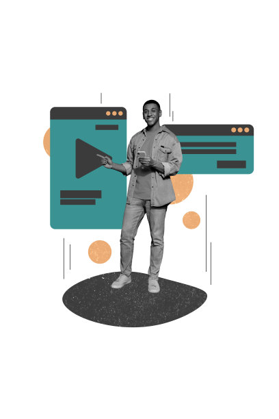 趋势艺术作品 3D 草图图像 照片拼贴 互联网网页界面 项目经理工作空间 视频 年轻女性手指指向展示图片下载