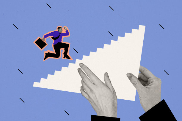 趋势艺术作品复合图像 3D 照片拼贴，年轻男子奔跑楼梯，成功进步，职业晋升图片下载