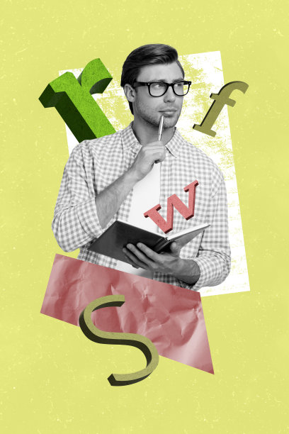 垂直照片拼贴，严肃的男作家手持钢笔和笔记本，思考新的故事情节，记者的信件，独自一人，背景为涂鸦风格。图片下载