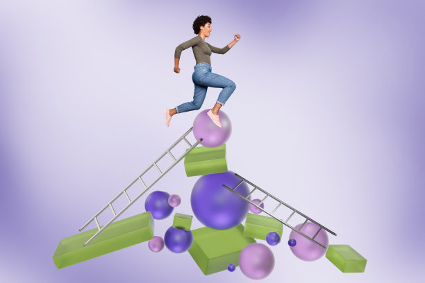 兴奋的美国女孩员工攀登职业阶梯，获得晋升成功与成长的拼贴照片，背景为涂鸦风格。图片下载