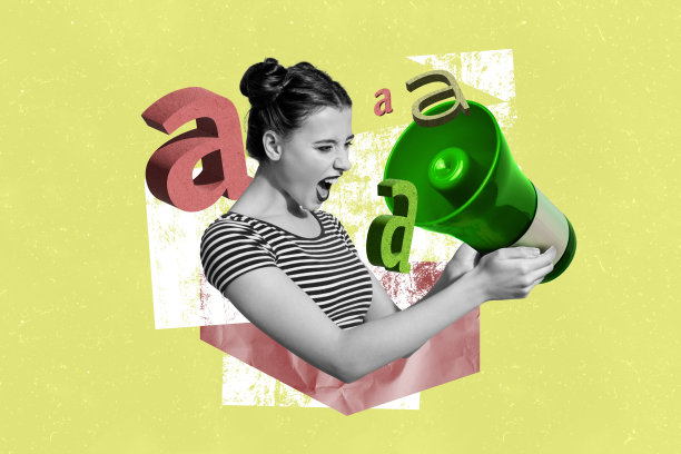 女孩大喊大叫，手持扩音器，宣传折扣促销，传播购物信息的拼贴照片，背景为涂鸦风格。图片下载