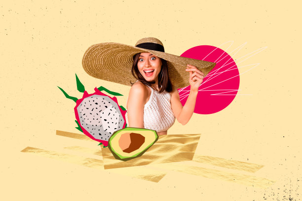 快乐女孩的拼贴照片，金色草帽，夏季假期概念，火龙果，鳄梨饮食，休息，背景为涂鸦风格。图片下载