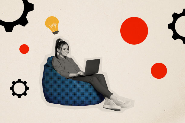 工作空间的草图图像合成趋势艺术照片拼贴，展示了一个年轻女士坐在豆袋椅上，使用笔记本电脑，周围有齿轮、组织理念和灯光。图片下载
