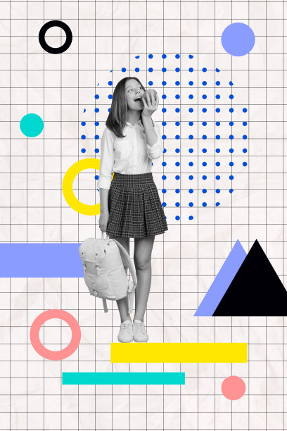 快乐的少女手持书包吃苹果的竖版照片拼贴，教育概念，背景为涂鸦风格。图片下载