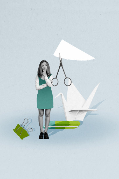 垂直照片拼贴，专注的少女在准备折纸课程，剪刀剪纸天鹅，背景为涂鸦风格。图片下载