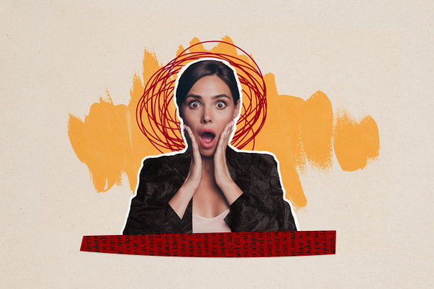 惊讶、震惊的年轻女孩的拼贴照片，表现出恐惧和惊慌的情绪，嘴巴张开，眼睛睁大，背景为涂鸦风格。图片下载