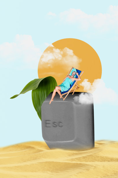 垂直照片拼贴，展示安静的女孩在沙滩上，美容程序面膜，躺椅上，站立，键盘按钮，旅行，背景为涂鸦风格。图片下载