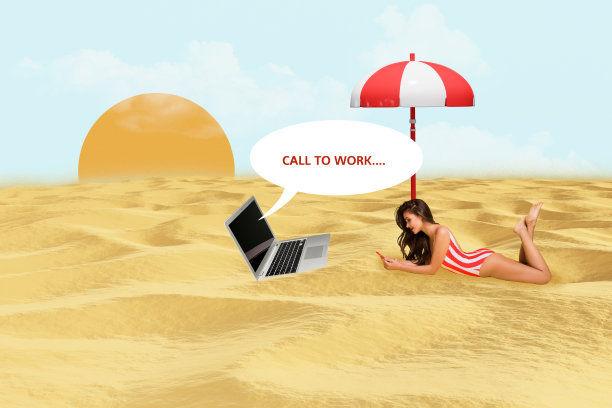 快乐女孩的夏季假期拼贴照片，放松冲浪，使用iPhone和笔记本电脑工作，接电话，慵懒的周末氛围，背景为涂鸦风格。图片下载