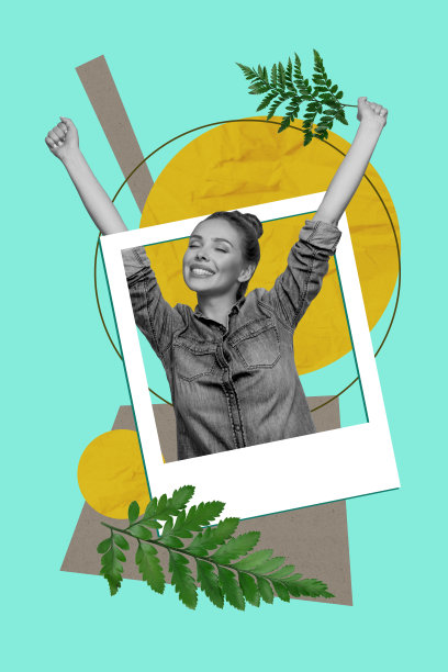 垂直照片拼贴，快乐女孩享受春天的氛围，手持树枝，适合社交网络的Instagram帖子，背景为涂鸦风格。图片下载