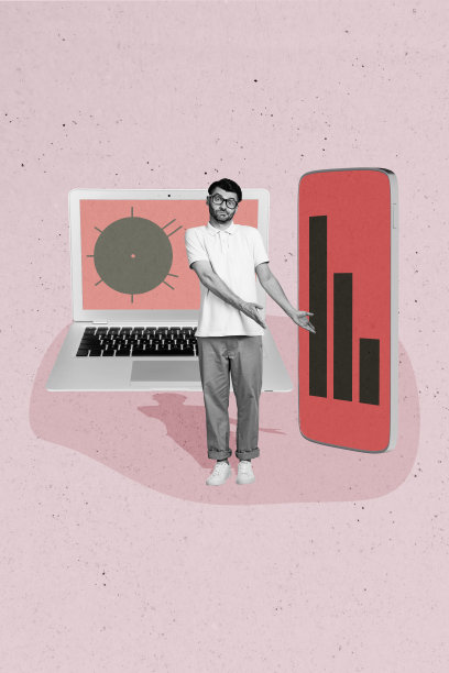 困惑的男人竖向照片拼贴，耸肩指向图表，手持手机和笔记本电脑，目标孤立在涂鸦背景上。图片下载