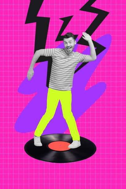 充满活力的色彩空间年轻男子的趋势艺术素描合成照片拼贴，随意跳舞，听音乐电台播放列表，享受黑胶唱片。图片下载