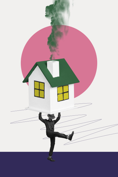 趋势艺术作品复合素描照片拼贴，展示房地产住宅建筑，平面房地产经纪人，搬迁无家可归的年轻人手持房屋。图片下载