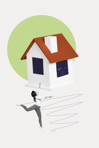 趋势艺术作品复合图像 3D 照片拼贴，展示住宅房屋、别墅、搬迁、房地产经纪人、年轻女性跳舞的场景图片下载