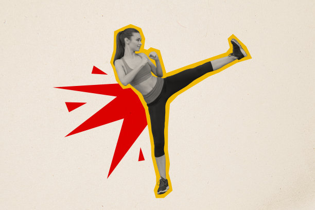 运动训练努力的强壮女性的照片拼贴艺术作品，展示拳击、踢打、拳击和抬腿的动作。图片下载