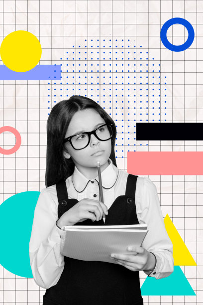 思考作业的书呆子女孩手持笔记本和铅笔的竖版照片拼贴，教育概念，背景为涂鸦风格。图片下载