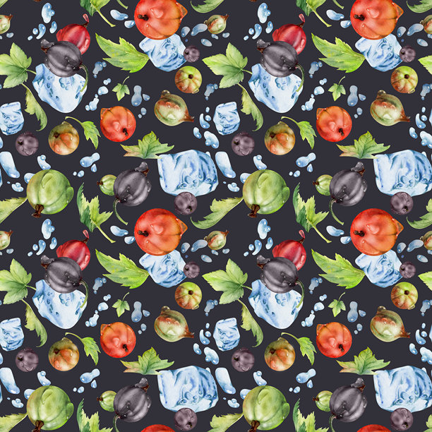 黑色背景上的无缝图案，描绘了在水花中飞溅的黑加仑、醋栗、叶子、冰块、露珠，以及成熟的花园六月莓、卡西尔和约斯塔莓，采用水彩手绘风格。适合用于手工饮品和杂货。图片下载