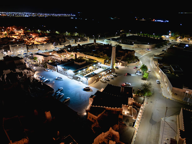 沙特阿拉伯沙克拉文化遗产村的无人机夜景照片图片下载