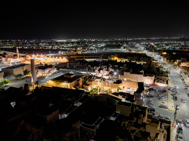 沙特阿拉伯沙克拉文化遗产村的无人机夜景照片图片下载