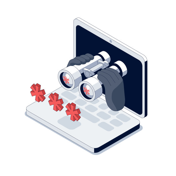 骗子正在监视密码。望远镜从屏幕中出现。键盘记录器间谍软件监控用户的击键以窃取密码。恶意软件秘密实时捕获登录信息。网络安全威胁危及个人数据。图片下载