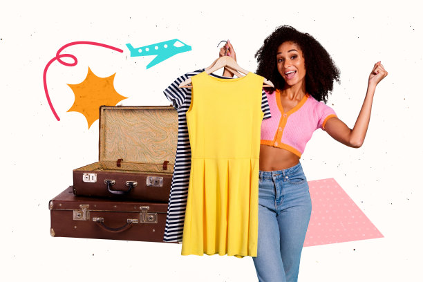时尚海报艺术照片拼贴，快乐的美国女孩手持衣服、衣柜、行李箱，准备登机离开度假。图片下载