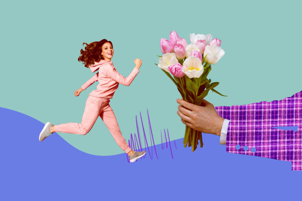 3D时尚照片拼贴，快乐女孩手持郁金香花束，在公园散步庆祝春季假日，夏季明信片。图片下载