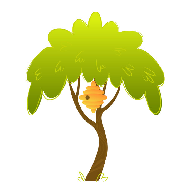 卡通树与悬挂的蜂巢。适合儿童书籍、游戏素材、贴纸或教育自然材料的可爱夏季森林植物插图。图片下载