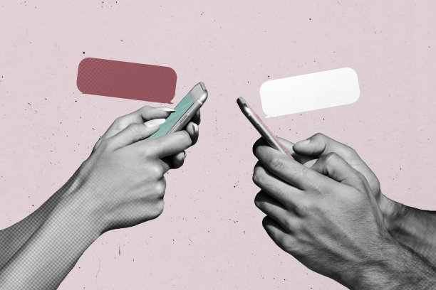 时尚艺术创意全彩小册子照片拼贴，展示手部信息交流网络，握着手机的聊天框和信使。图片下载