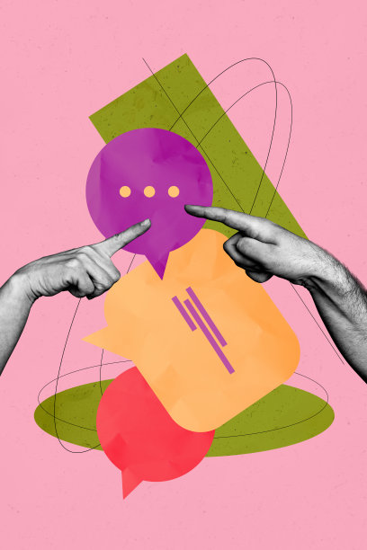 独特的垂直照片拼贴，展示手部与沟通图标、对话、谈话短语、社交媒体信息。图片下载