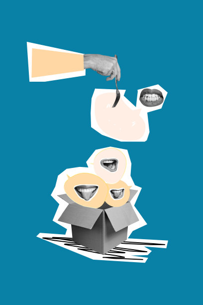 时尚艺术创意竖版照片拼贴，手握气泡沟通，嘴角微笑，嘲讽虐待问题聊天框图片下载