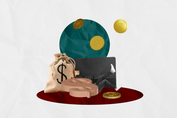 完整的杂志图像照片拼贴，匿名的无身体女商人和男商人站在美元、钱袋和信用卡交易旁边图片下载