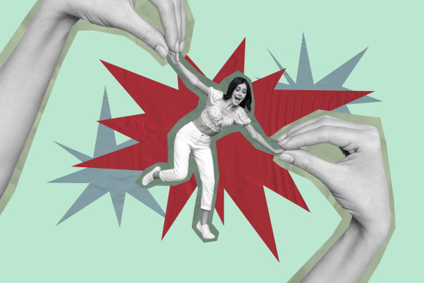 模板海报潮流艺术作品 3D 照片拼贴，两只巨大的手支撑着年轻女性的剪影，悬挂在迷幻的背景中，解决问题，克服困难。图片下载